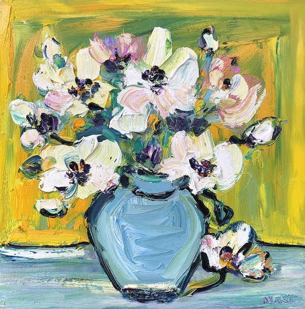 White Flowers In Blue Vase 30cm x 30cm
